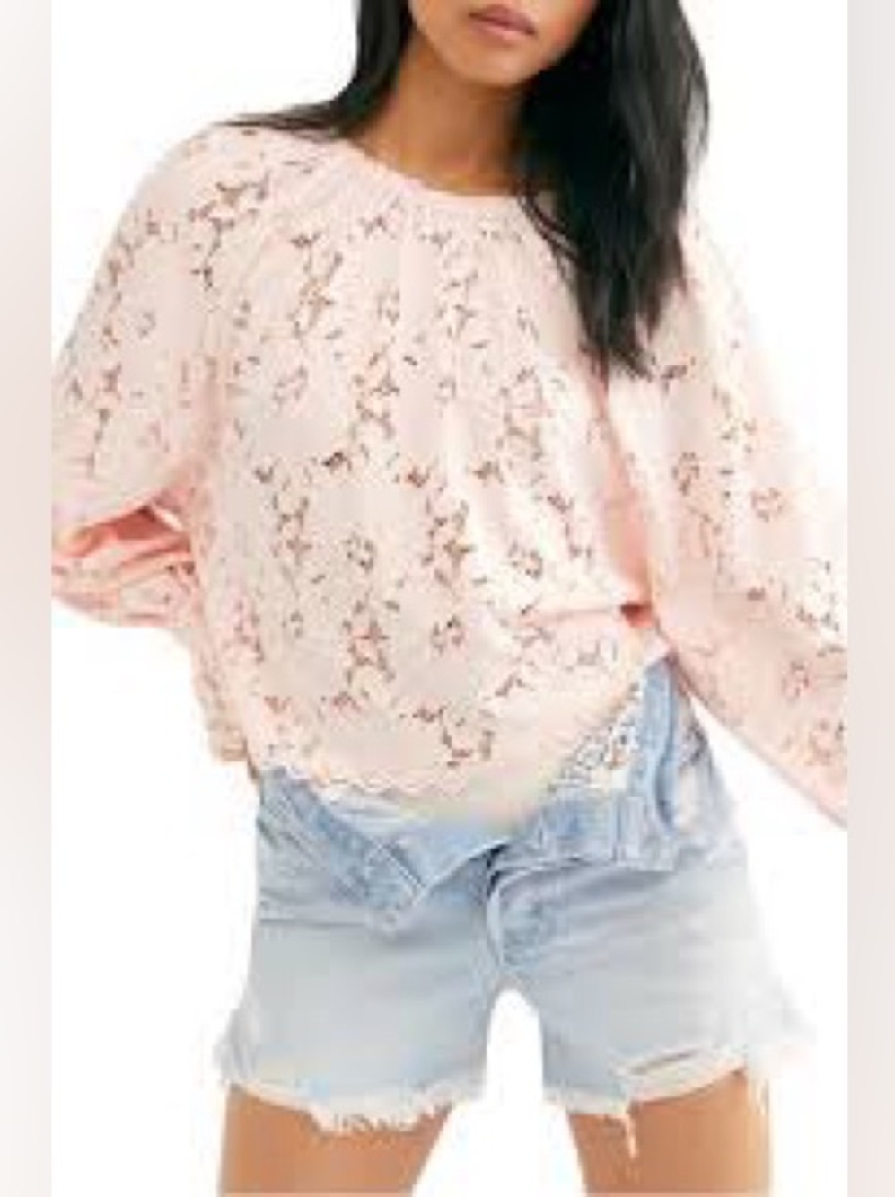Free People Olivia Lace Blouse Blush Pink Floral Long Sleeve Top Size S